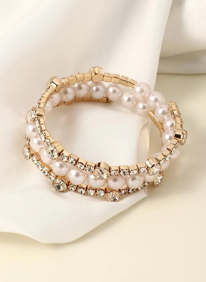تايك تو Gold Tone Multi-Strand Pearl and Rhinestone Bracelet