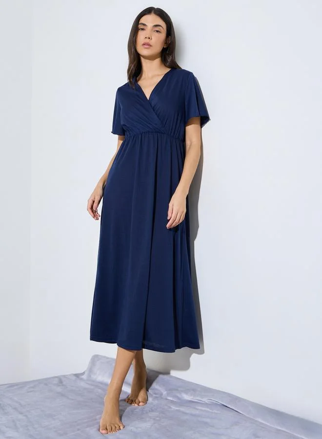 Styli Navy Blue Solid Wrap Over Nightdress