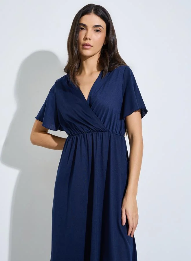 Styli Navy Blue Solid Wrap Over Nightdress