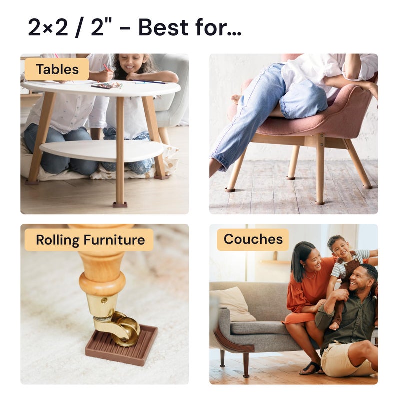 CasterMaster Non Slip Furniture Pads - 2 in x 2 in Brown 4 Pack - Chair Leg Floor Protectors & Furniture Sliders for Hardwood, Vinyl & Tile Floors - Bed Stoppers - Image 4
