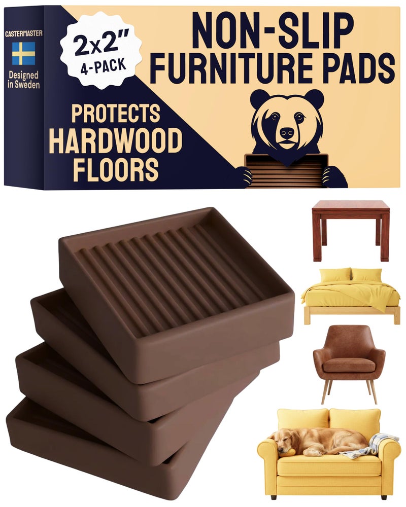 CasterMaster Non Slip Furniture Pads - 2 in x 2 in Brown 4 Pack - Chair Leg Floor Protectors & Furniture Sliders for Hardwood, Vinyl & Tile Floors - Bed Stoppers - Image 1