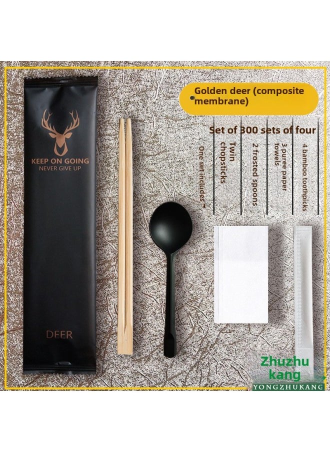 Generic - Factory Disposable Chopsticks Four-piece Kraft Paper Tableware Set Takeaway Tableware Package Set Four-in-one Logo-Color:Jinlu Composite Film Three-sided Seal Twin Chopsticks Golden Turtle Spoon 300 Sets - Image 1