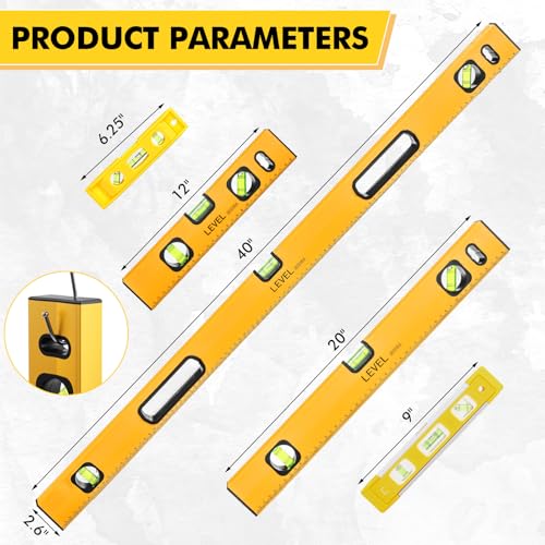 Kingdder 5 Piece Spirit Level Set Magnetic Torpedo Level Included 6 25 9 12 20 40 Leveler with 4590180bubbles Measuring Aluminum Alloy Levels with Carrying Bag Yellow - Image 3