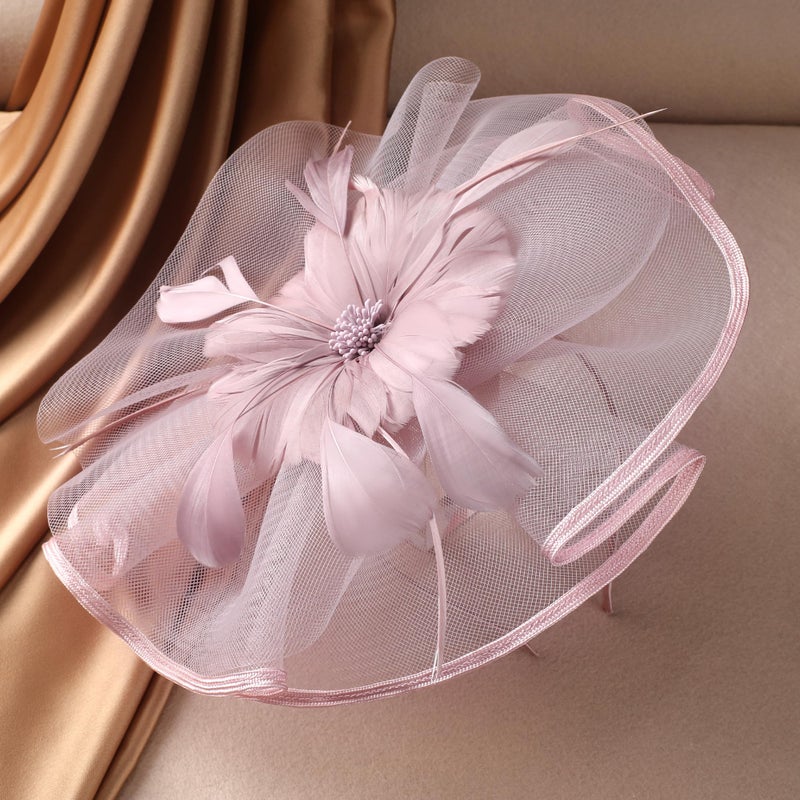 Zinniday Pink Tea Party Headband - 1920s 50s Vintage Feather Church Fascinator Victoria Elegant Church Headband with Flower and Feather for Women High Valentine's Day Renaissance Costume - Image 3