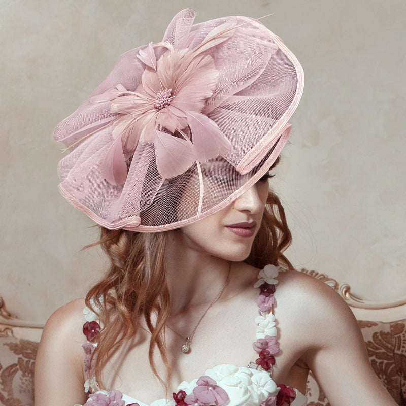 Zinniday Pink Tea Party Headband - 1920s 50s Vintage Feather Church Fascinator Victoria Elegant Church Headband with Flower and Feather for Women High Valentine's Day Renaissance Costume - Image 2