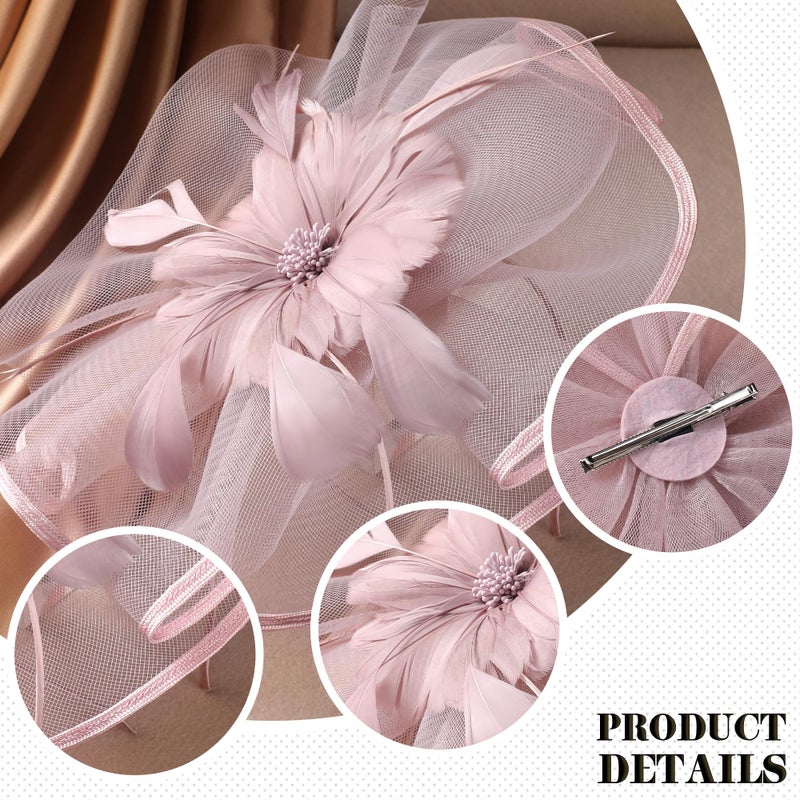 Zinniday Pink Tea Party Headband - 1920s 50s Vintage Feather Church Fascinator Victoria Elegant Church Headband with Flower and Feather for Women High Valentine's Day Renaissance Costume - Image 5