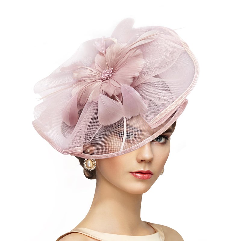 Zinniday Pink Tea Party Headband - 1920s 50s Vintage Feather Church Fascinator Victoria Elegant Church Headband with Flower and Feather for Women High Valentine's Day Renaissance Costume - Image 1