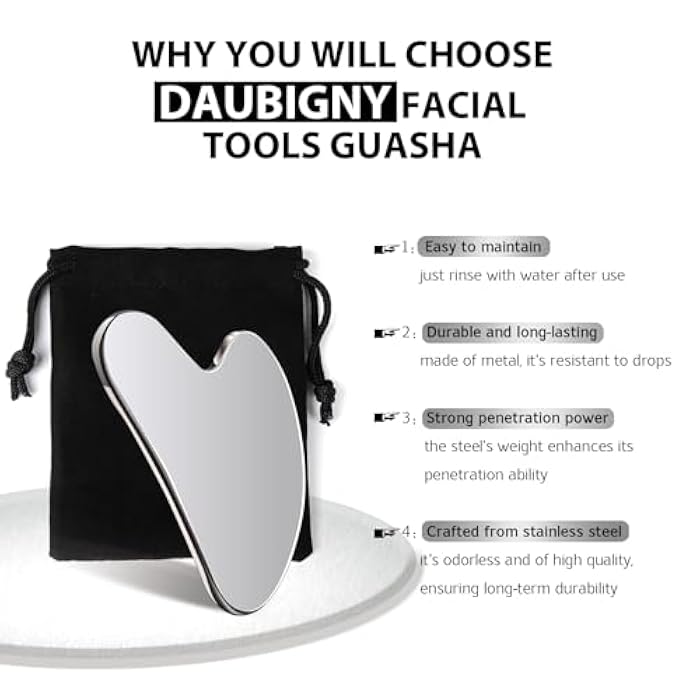 Daubigny Stainless Steel Gua Sha Facial Tools Guasha for Face Metal Gua Sha Tighten Skin Massage Guasha Beauty Tool for Body Eyes Neck Massager with Travel Pouch Skin Care Gifts (Silver) - Image 3