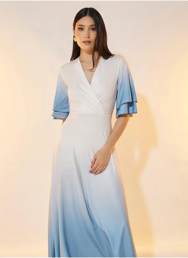تايك تو Take Two Ombre Look Frill Sleeves Wrap Front Maxi Dress