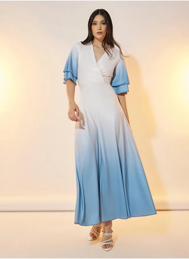 تايك تو Take Two Ombre Look Frill Sleeves Wrap Front Maxi Dress