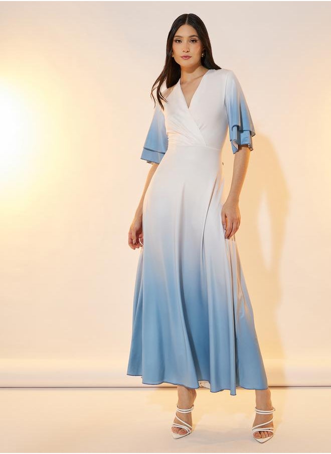 Take Two - Ombre Look Frill Sleeves Wrap Front Maxi Dress - Image 1