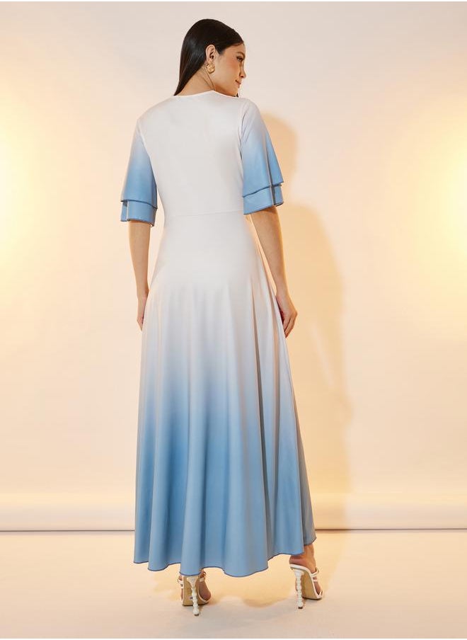 Take Two - Ombre Look Frill Sleeves Wrap Front Maxi Dress - Image 1