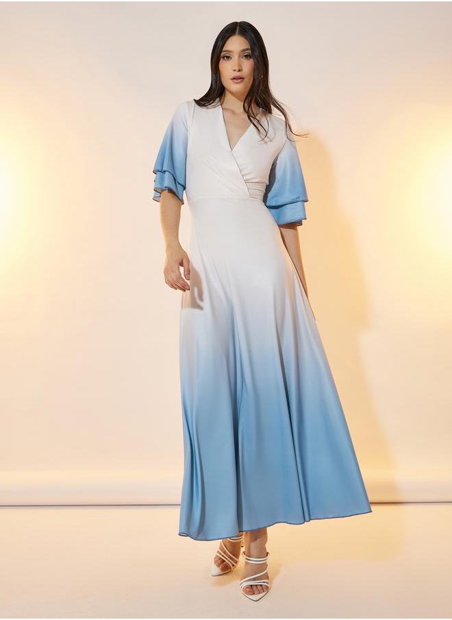Take Two - Ombre Look Frill Sleeves Wrap Front Maxi Dress - Image 1