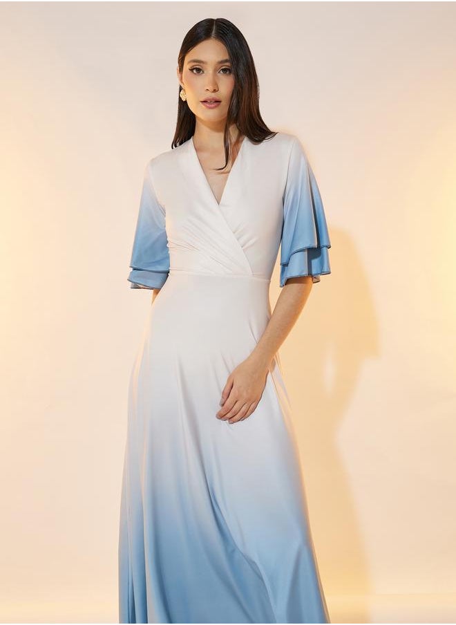 Take Two - Ombre Look Frill Sleeves Wrap Front Maxi Dress - Image 1