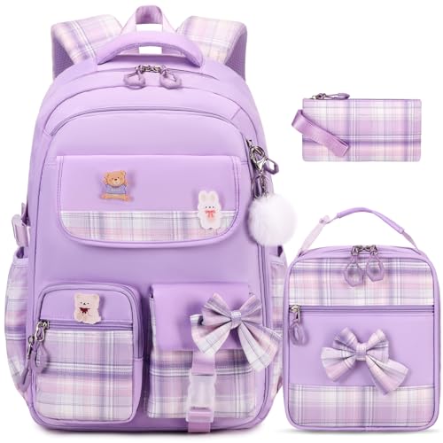 ACESAK Girls Backpack - 3PCS Backpack for Girls Cute School Backpacks for Girls Kindergarten Elementary Preschool Middle Kids School Bags with Lunch Box Pencil Case Set (Purple) - Image 1