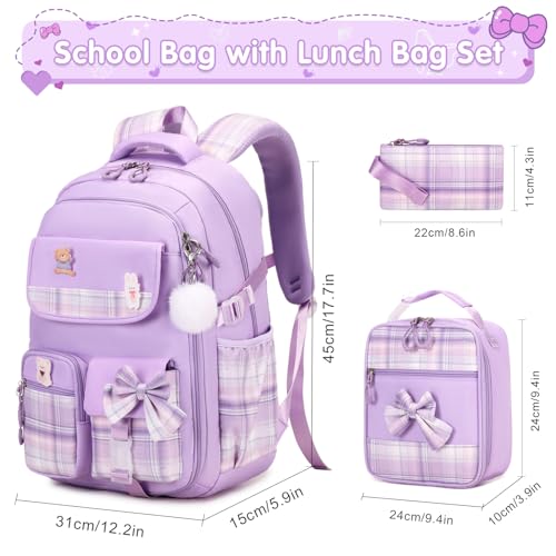 ACESAK Girls Backpack - 3PCS Backpack for Girls Cute School Backpacks for Girls Kindergarten Elementary Preschool Middle Kids School Bags with Lunch Box Pencil Case Set (Purple) - Image 2