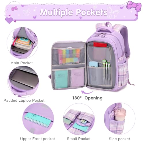 ACESAK Girls Backpack - 3PCS Backpack for Girls Cute School Backpacks for Girls Kindergarten Elementary Preschool Middle Kids School Bags with Lunch Box Pencil Case Set (Purple) - Image 3