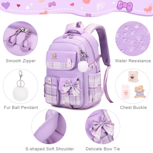 ACESAK Girls Backpack - 3PCS Backpack for Girls Cute School Backpacks for Girls Kindergarten Elementary Preschool Middle Kids School Bags with Lunch Box Pencil Case Set (Purple) - Image 4