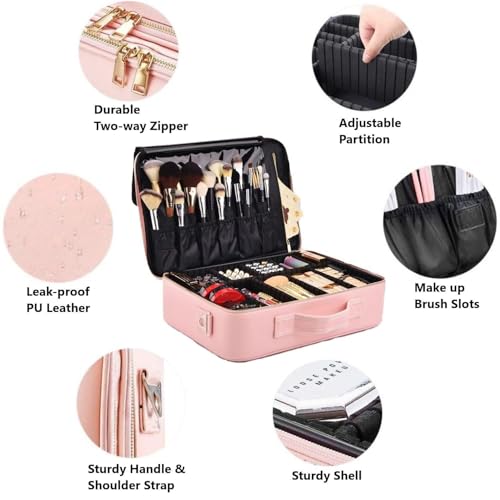SHAMAX® Professional Makeup Bag for Women Travel Cosmetic Kit Storage Vanity Box Vanity Bag for Cosmetics Makeup Brush Bag with Adjustable Dividers Organisers (9012/Pink) - Image 3