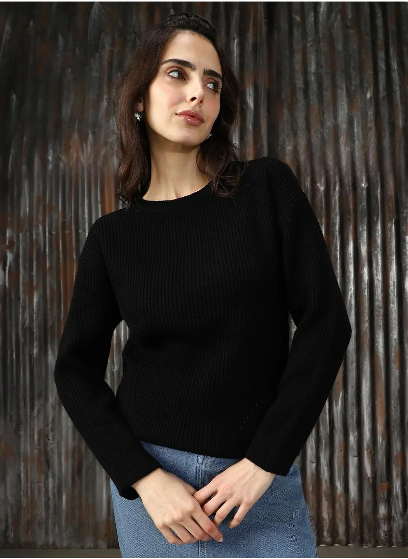 هاي ستار Women's Black 100% Acrylic Solid Sweater
