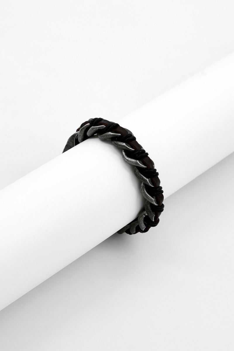 POLICE Men Fashionable Leather Shock Chain Bracelet, Brown - Image 1