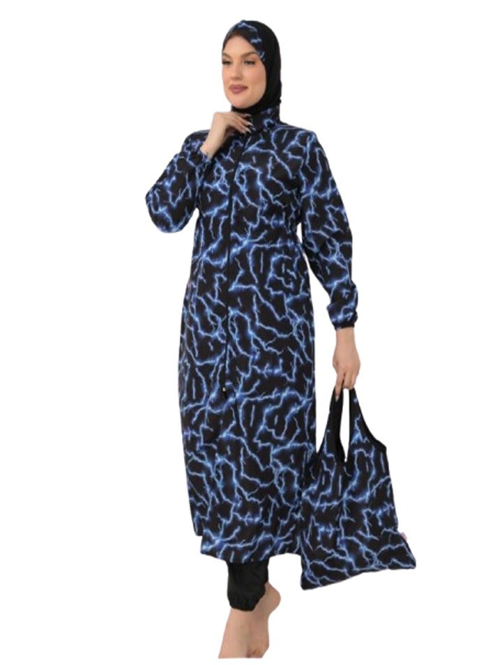 مايوه وتر بروف بوركيني طويل -٤قطع - مموج تراكوز  - Image 1