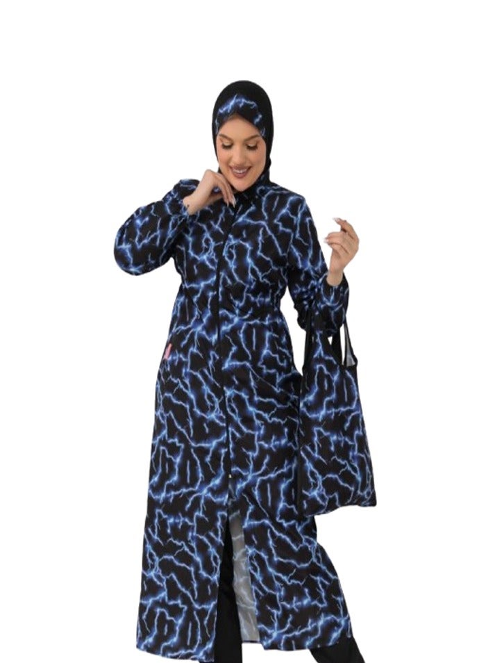 مايوه وتر بروف بوركيني طويل -٤قطع - مموج تراكوز  - Image 2