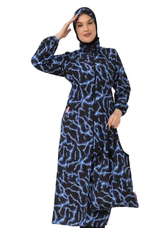 مايوه وتر بروف بوركيني طويل -٤قطع - مموج تراكوز  - Image 3