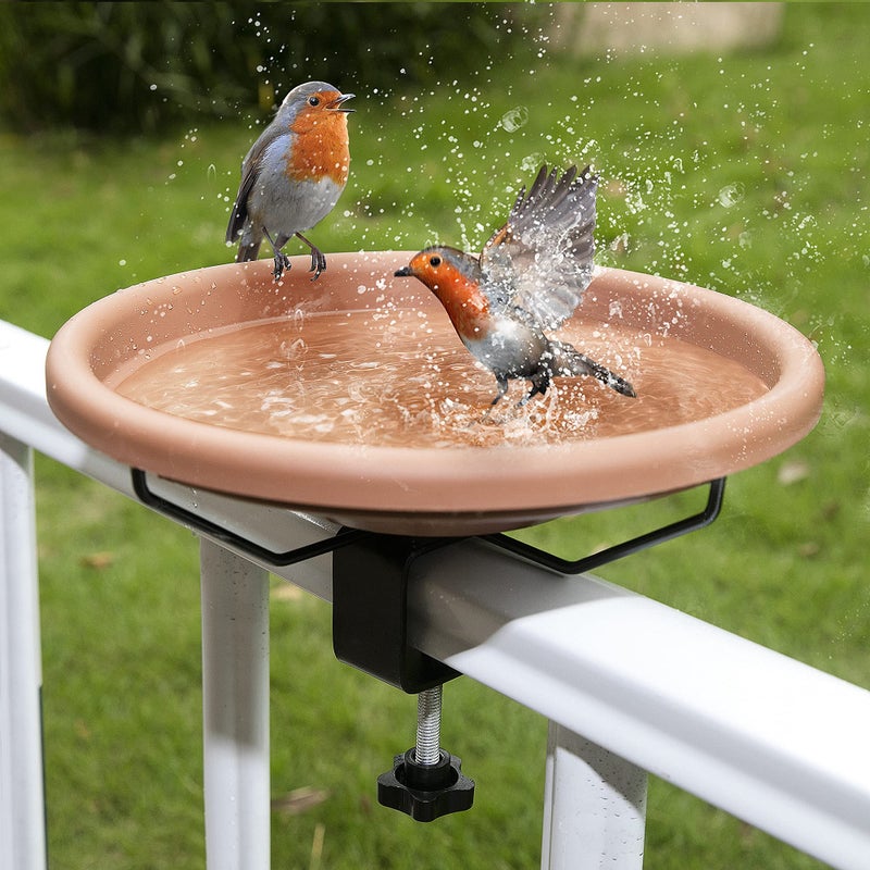 Hanizi Bird Bath Deck Mounted Bowl 12 Inches, Balcony Railing Birdbaths Unheated, Bird Bath Fence Clamp Detachable - Image 1