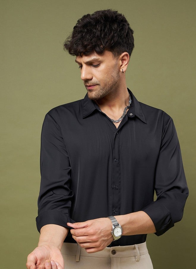 Black Satin Relaxed Fit Shirt for Men image 2