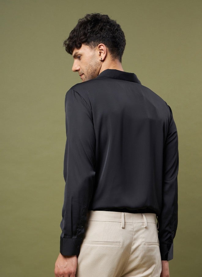 Black Satin Relaxed Fit Shirt for Men image 6