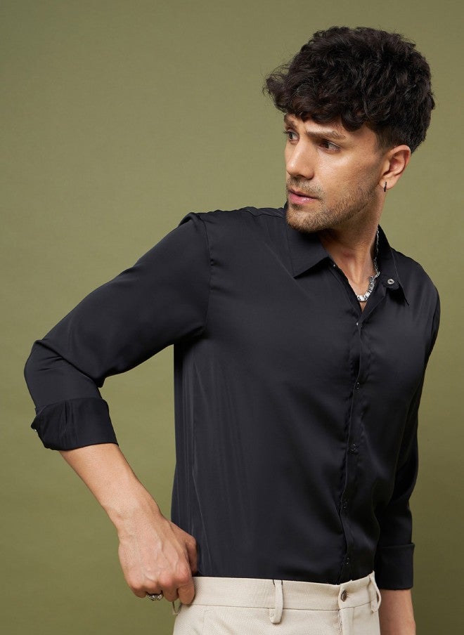 Mascln Sassafras Black Satin Relaxed Fit Shirt for Men - Image 3
