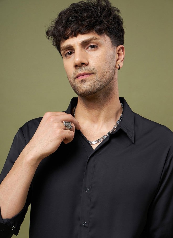 Black Satin Relaxed Fit Shirt for Men image 3