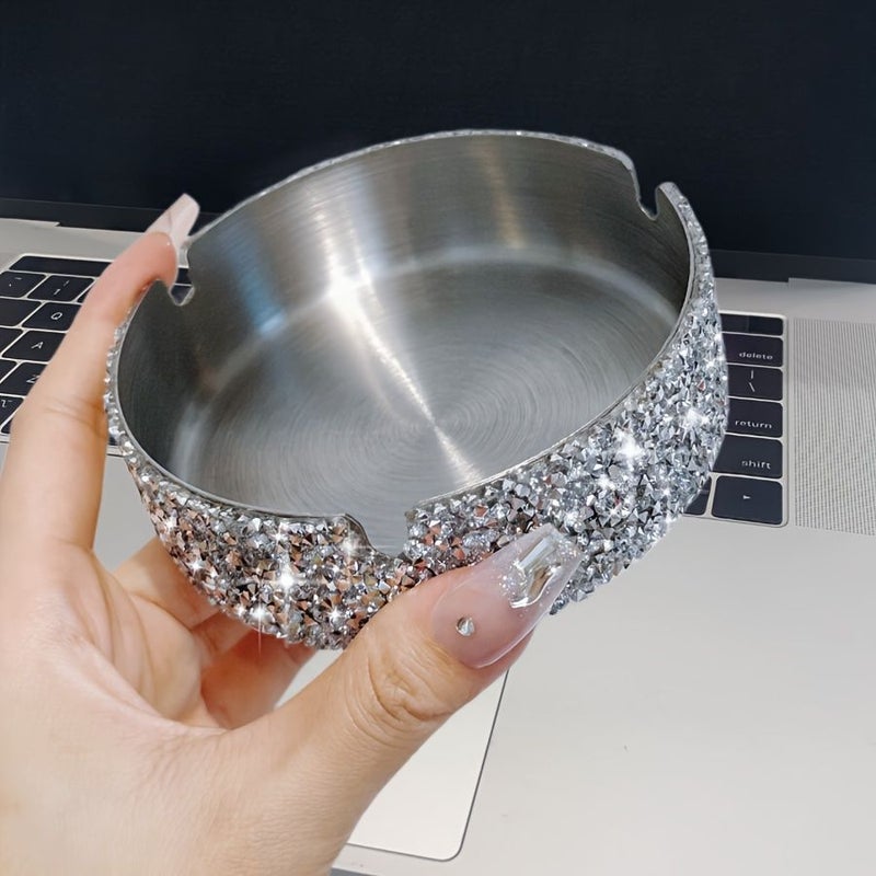 Luxurious Large Stainless Steel Ashtray with Rhinestones Elegant Multi Functional Home Office Decor Accent Perfect Gift for Couples Friends and Family 1 Count - Image 1