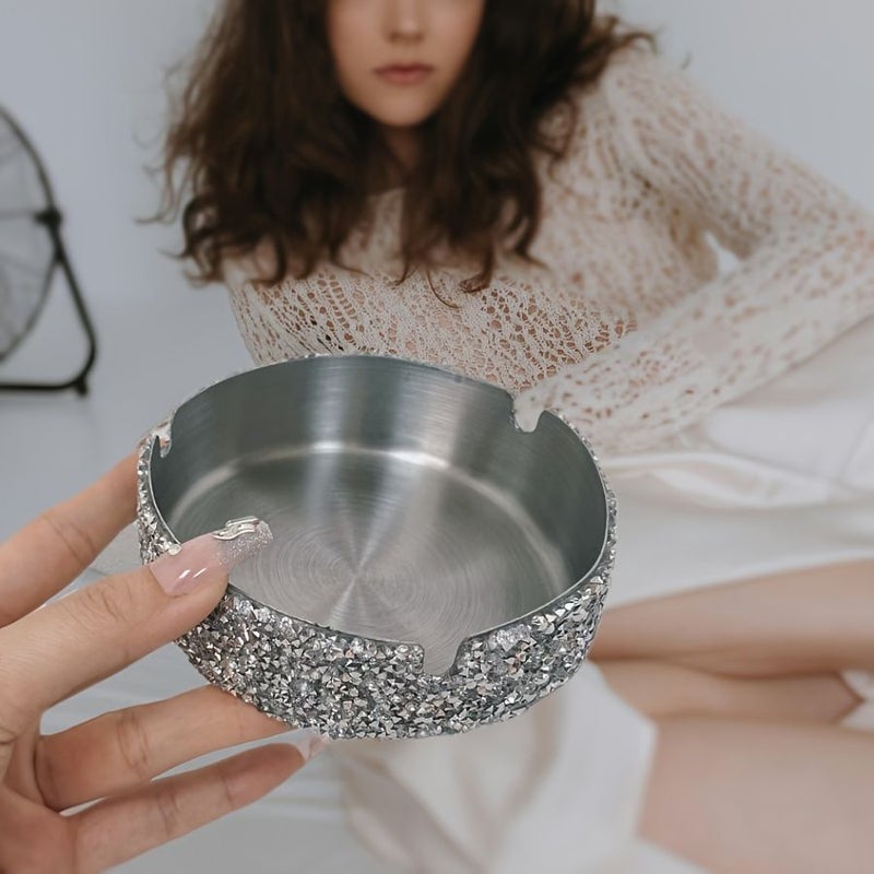 Luxurious Large Stainless Steel Ashtray with Rhinestones Elegant Multi Functional Home Office Decor Accent Perfect Gift for Couples Friends and Family 1 Count - Image 2