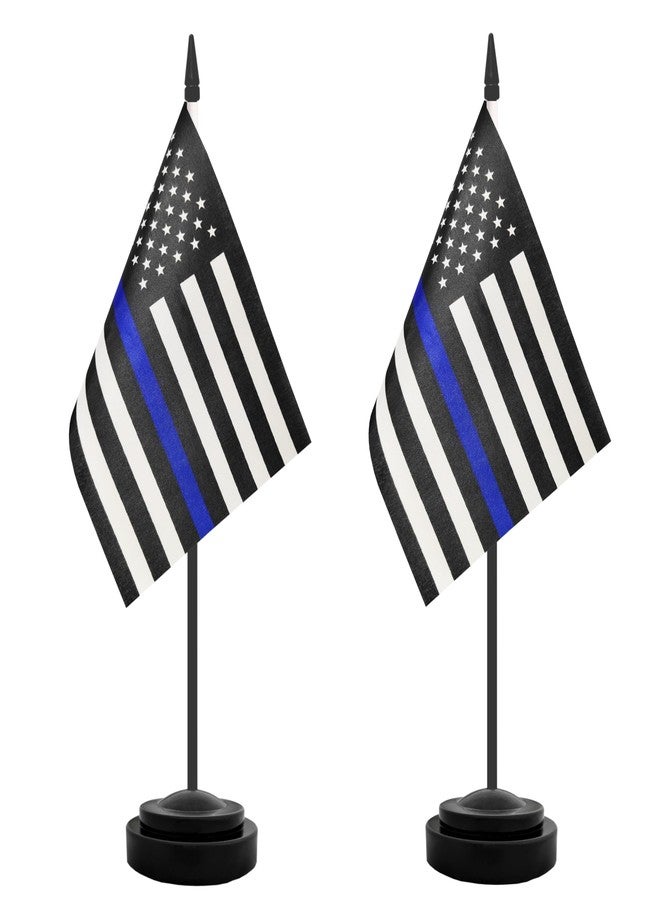 TrendPow USA Thin Blue Line Police Desk Flag, 2 Pack American Policeman Table Office Flags, Small Mini Desktop Flag With 12" Solid Black Pole, Black Base, Police Celebration Event, Desk Decoration (Blue Line) - Image 1
