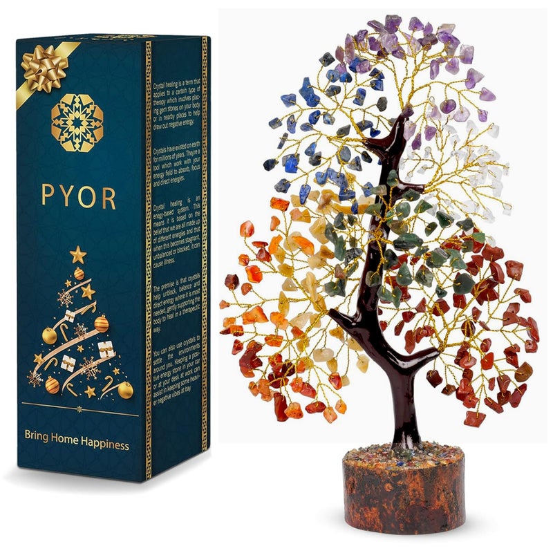 PYOR 7 Chakra Crystal Tree Feng Shui Money Tree Office Decor Crystals and Stones Home Decor Meditation Accessories Gemstone Tree House Warming Gifts New Home - Size 10-12 Inches 300 Beads Chakra Stones - Image 1