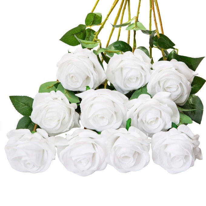 10PCS FAKE ROSES ARTIFICIAL SILK FLOWERS FAUX ROSE FLOWER LONG STEMS BOUQUET FOR ARRANGEMENT WEDDING CENTERPIECE PARTY HOME KITCHEN DECOR PURE WHITE