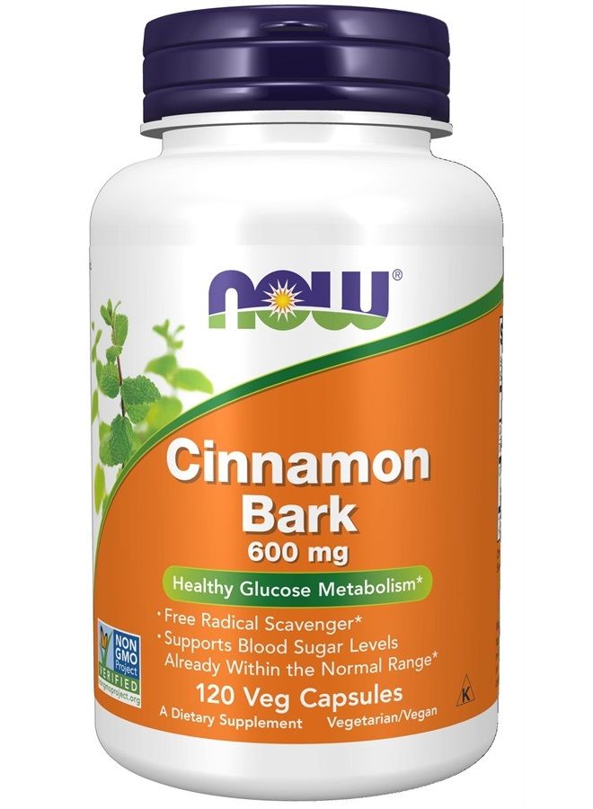 now Supplements, Cinnamon Bark 600 mg, Non-GMO Project Verified, Healthy Glucose Metabolism*, 120 Veg Capsules - Image 1