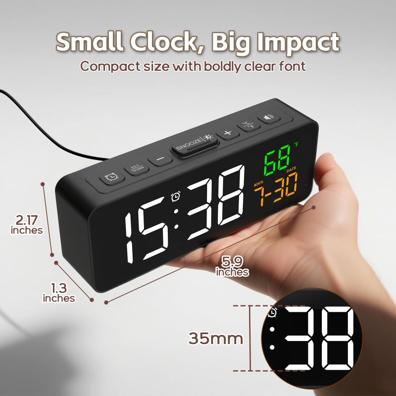 Netzu 3-in-1 Digital Clocks for Living Room with Temperature, Date & Time Display - 4 Levels Birghtness, 3 Volumes, Small & Compact Plug-in Alarm Clock for Bedroom, Office (Black) - Image 2