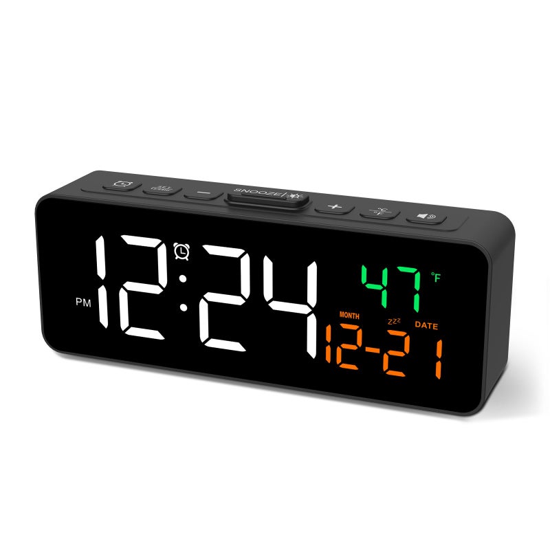 Netzu 3-in-1 Digital Clocks for Living Room with Temperature, Date & Time Display - 4 Levels Birghtness, 3 Volumes, Small & Compact Plug-in Alarm Clock for Bedroom, Office (Black) - Image 1