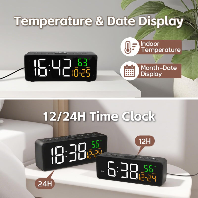 Netzu 3-in-1 Digital Clocks for Living Room with Temperature, Date & Time Display - 4 Levels Birghtness, 3 Volumes, Small & Compact Plug-in Alarm Clock for Bedroom, Office (Black) - Image 5