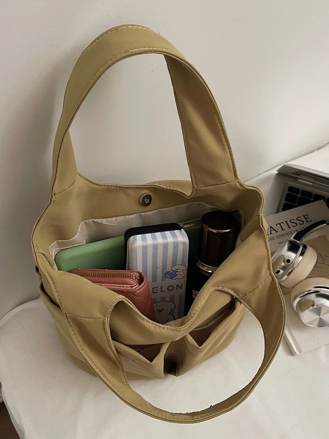 Styli Beige Shoulder Bag with Button Closure
