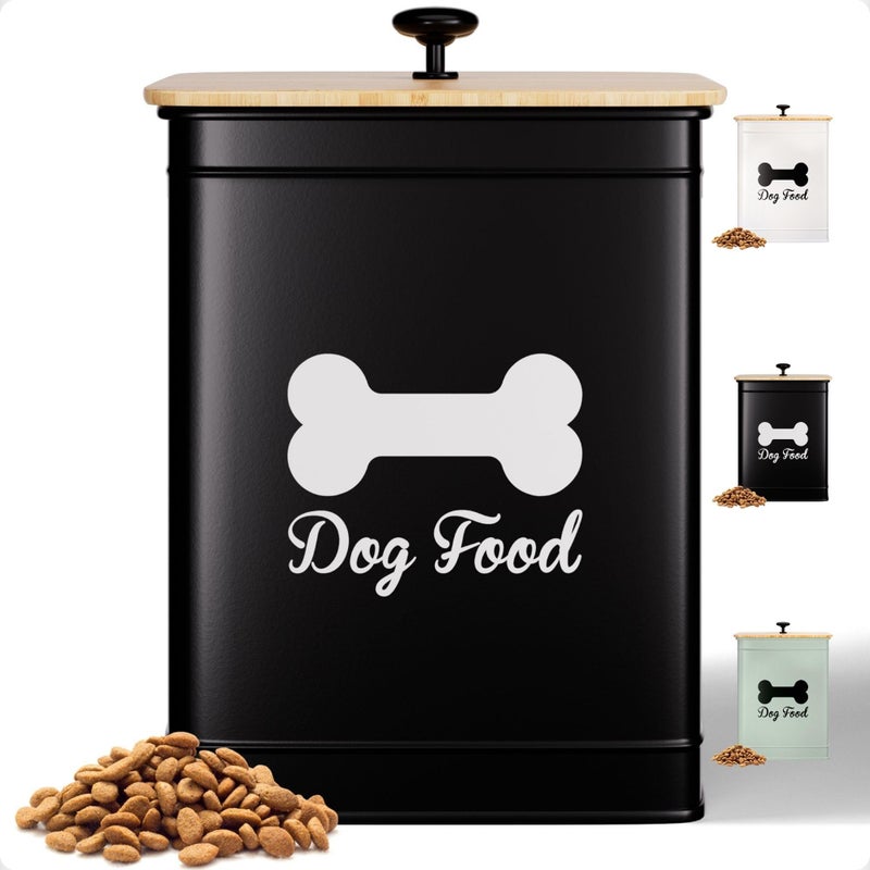 HB Design Co. Dog Food Container Airtight 5-7 lb (25 Cup) Capacity - Cute Airtight Dog Food Storage Container with Bamboo Lid & Sturdy Metal Handle - Black Metal Kibble Storage Bin for Dogs up to 50 lbs - Pet Jar - Image 1