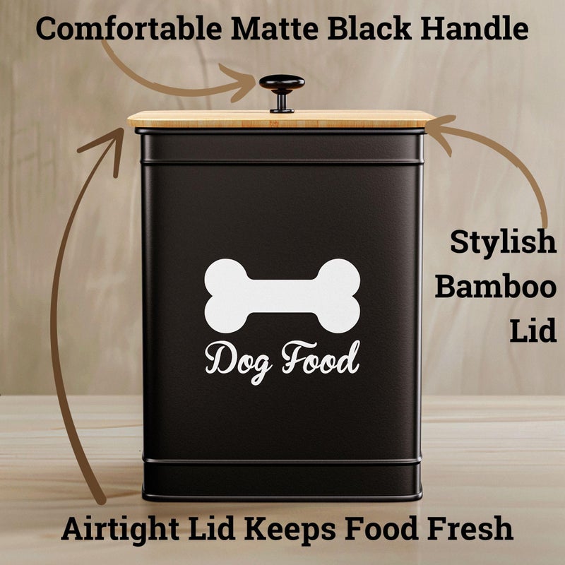 HB Design Co. Dog Food Container Airtight 5-7 lb (25 Cup) Capacity - Cute Airtight Dog Food Storage Container with Bamboo Lid & Sturdy Metal Handle - Black Metal Kibble Storage Bin for Dogs up to 50 lbs - Pet Jar - Image 2