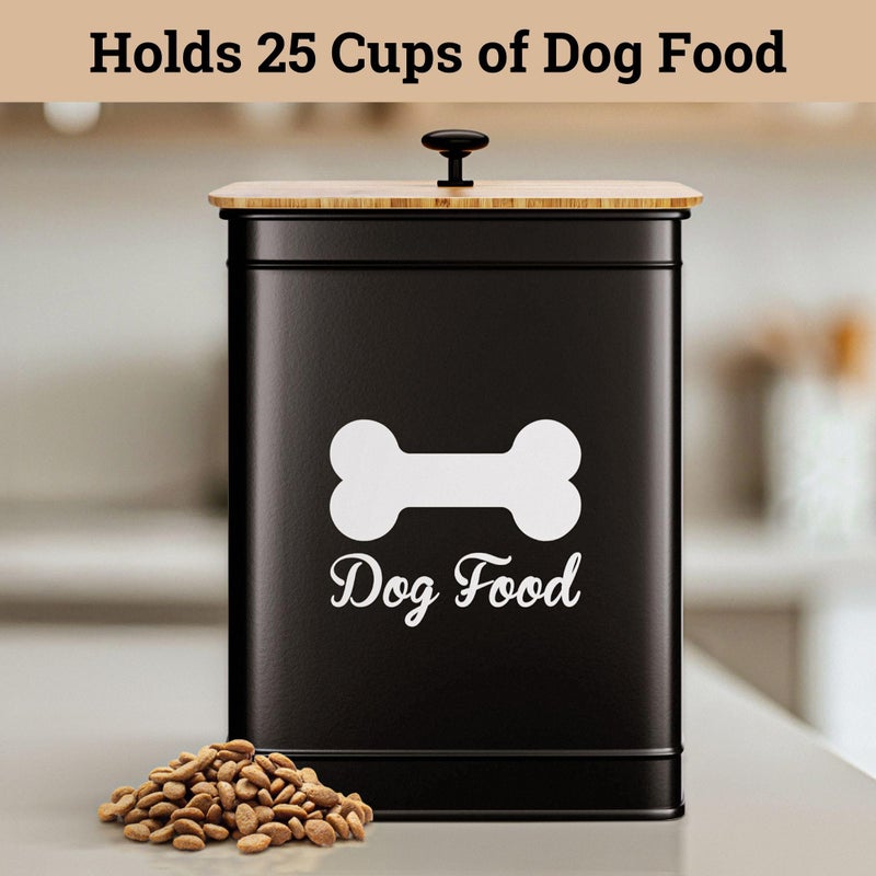 HB Design Co. Dog Food Container Airtight 5-7 lb (25 Cup) Capacity - Cute Airtight Dog Food Storage Container with Bamboo Lid & Sturdy Metal Handle - Black Metal Kibble Storage Bin for Dogs up to 50 lbs - Pet Jar - Image 3