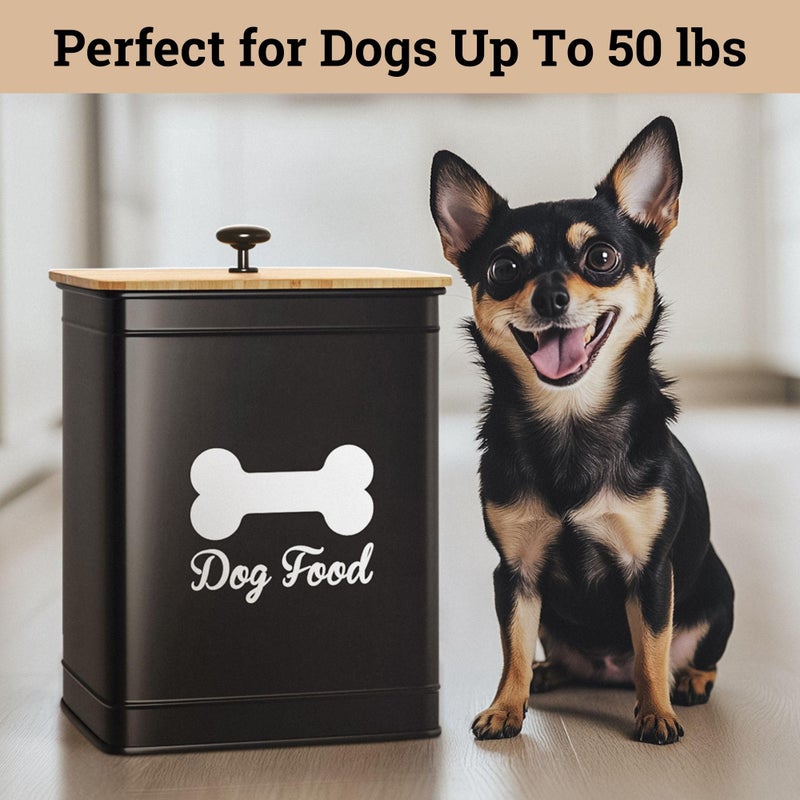HB Design Co. Dog Food Container Airtight 5-7 lb (25 Cup) Capacity - Cute Airtight Dog Food Storage Container with Bamboo Lid & Sturdy Metal Handle - Black Metal Kibble Storage Bin for Dogs up to 50 lbs - Pet Jar - Image 5