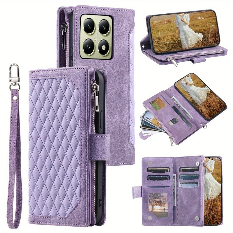 Zippered Purple Faux Leather Wallet Phone Case With Stand For Xiaomi Poco F6 Pro - Image 1