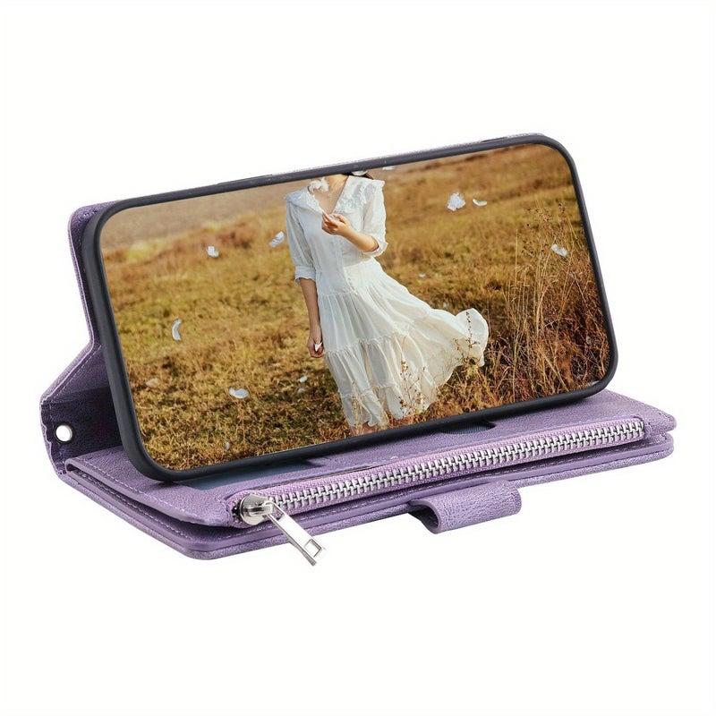 Zippered Purple Faux Leather Wallet Phone Case With Stand For Xiaomi Poco F6 Pro - Image 4