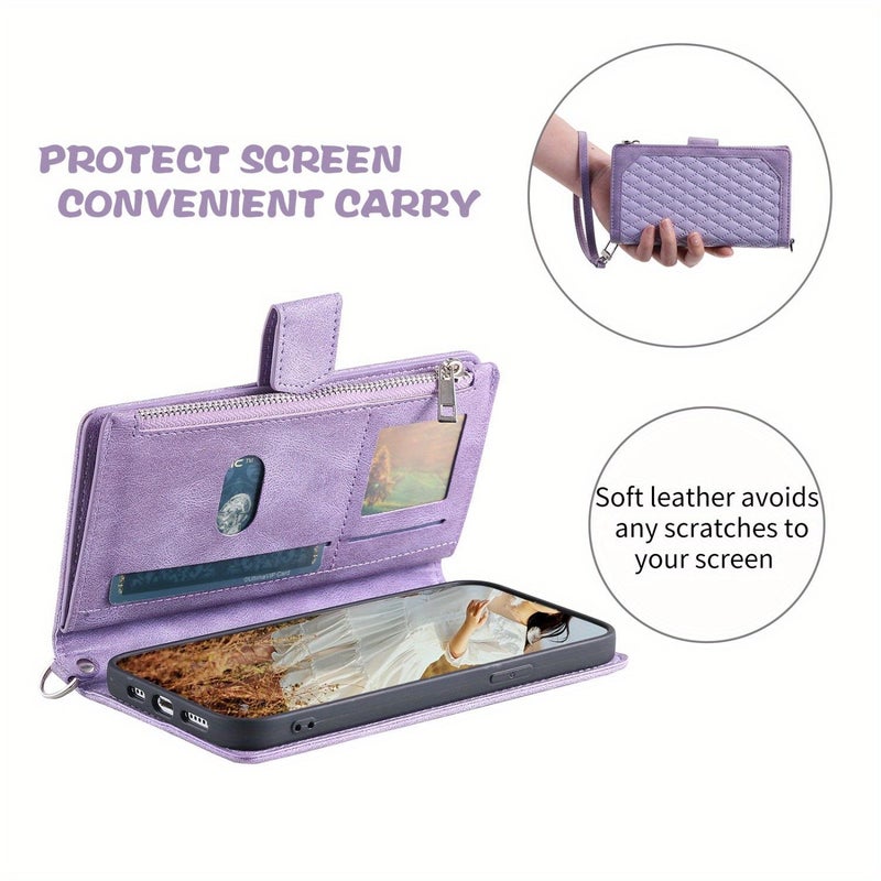 Zippered Purple Faux Leather Wallet Phone Case With Stand For Xiaomi Poco F6 Pro - Image 3